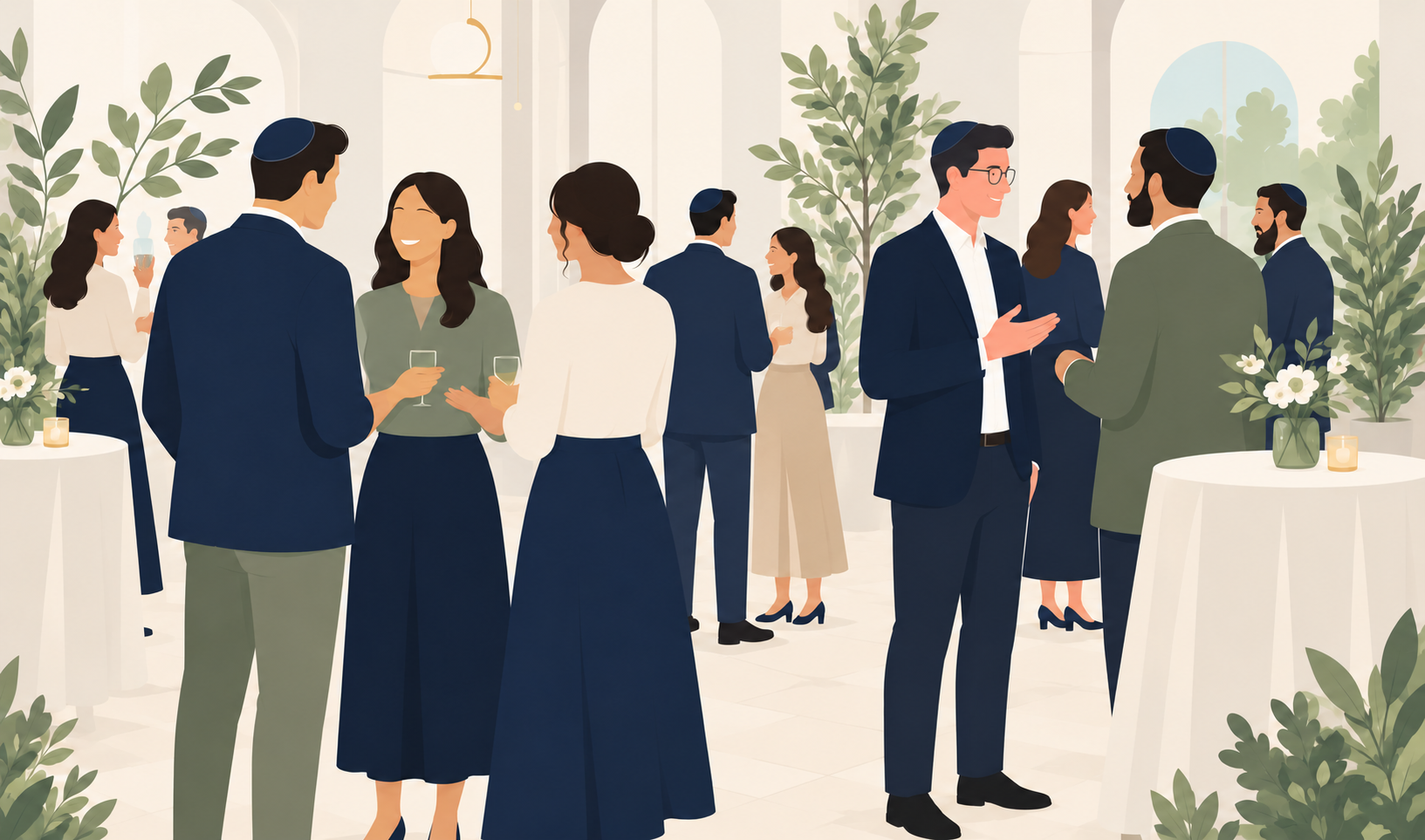 Illustration of Jewish singles mingling at an elegant social gathering